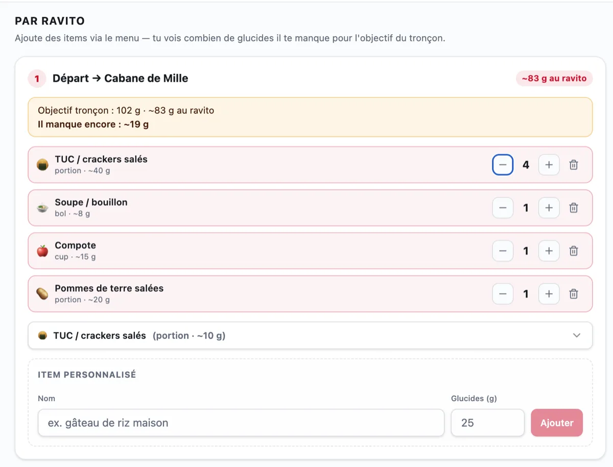 Onglet Nutrition, objectifs par section et plan ravito